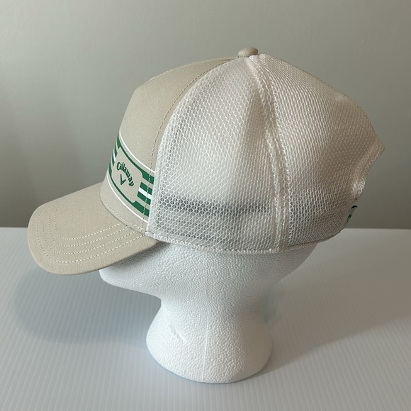 Callaway Hat Cap Snap Back Mens Beige Green Stripe Mesh Trucker EUC - Picture 2 of 8